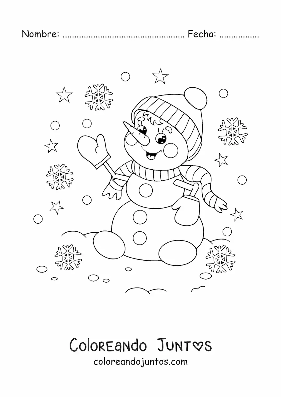 Imagen para colorear de muñeco de nieve animado con bufanda y copos de nieve
