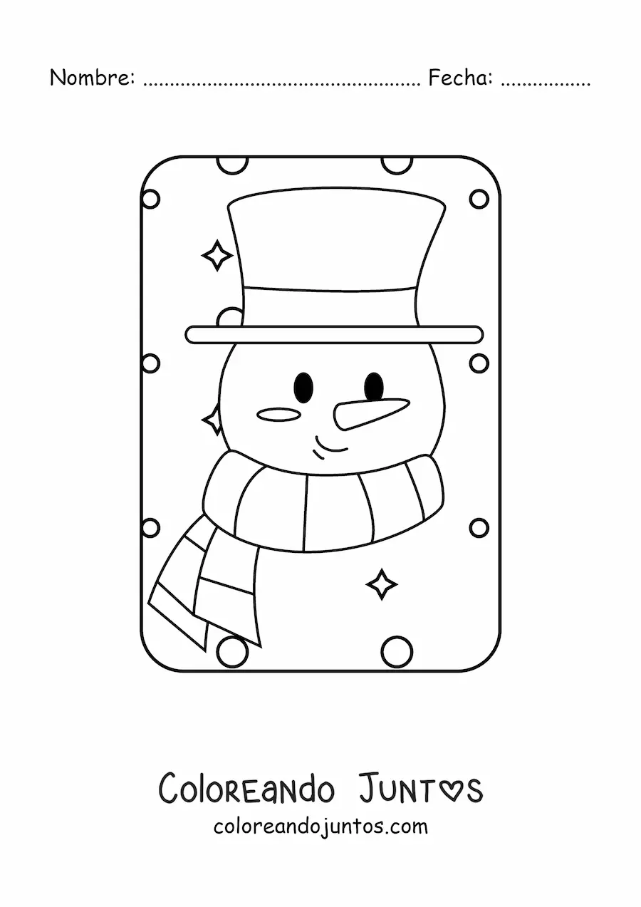 Imagen para colorear de cara de muñeco de nieve con sombrero y bufanda