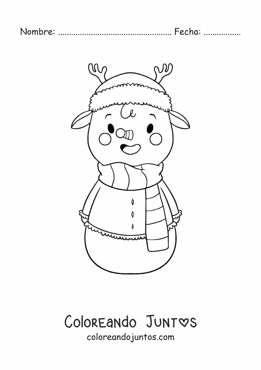 Imagen para colorear de muñeco de nieve de reno kawaii con bufanda