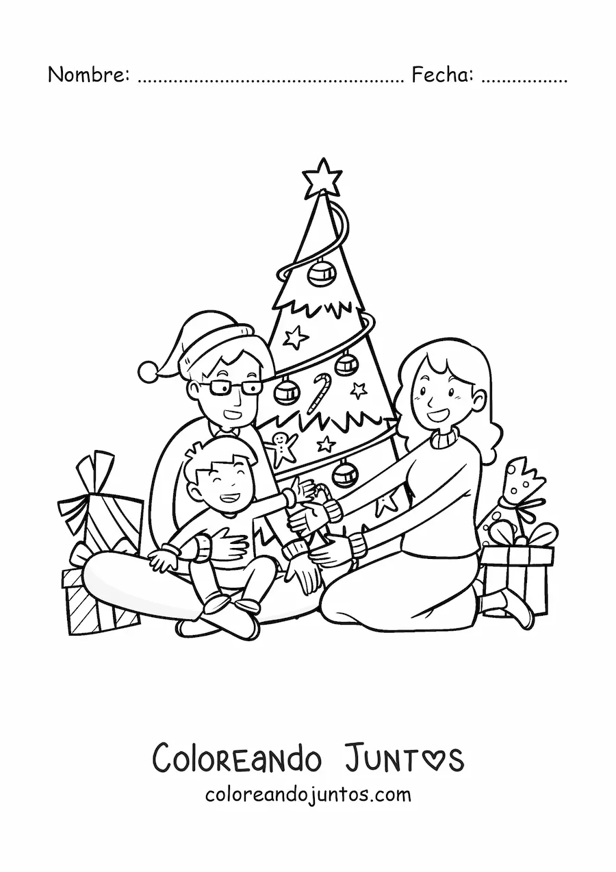 Imagen para colorear de familia unida en Navidad junto al árbol