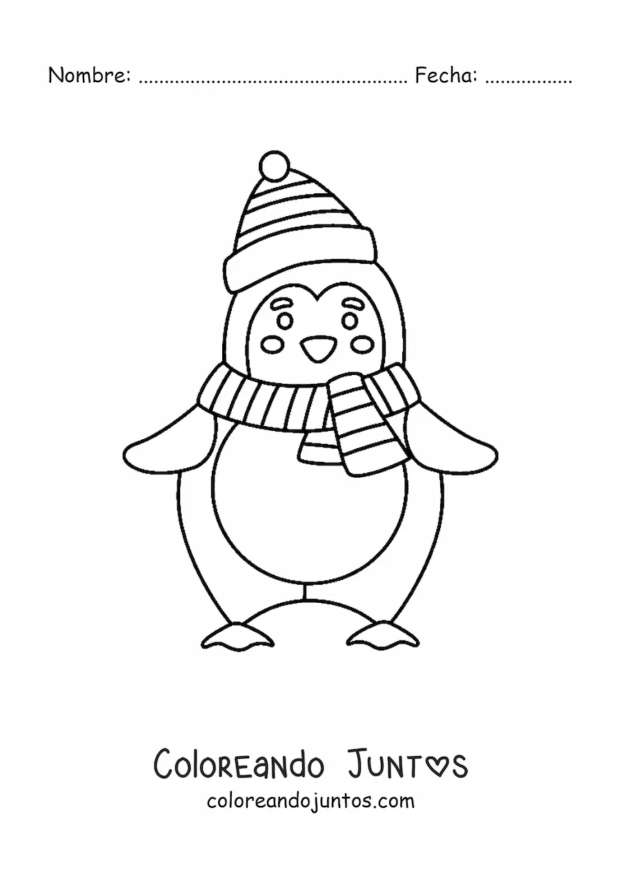 Imagen para colorear de pingüino kawaii con gorro de Navidad