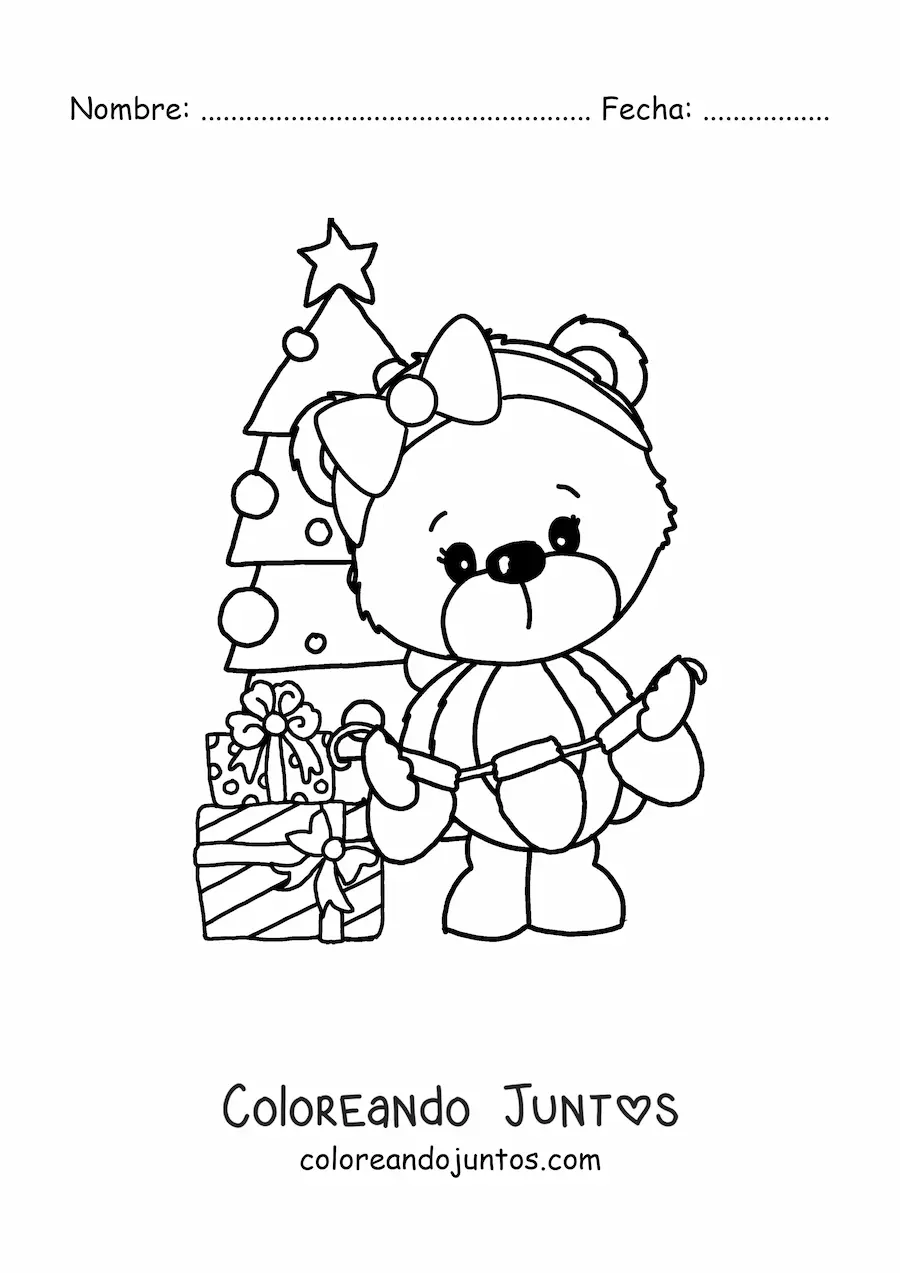 Imagen para colorear de oso de Navidad con árbol de Navidad y regalos
