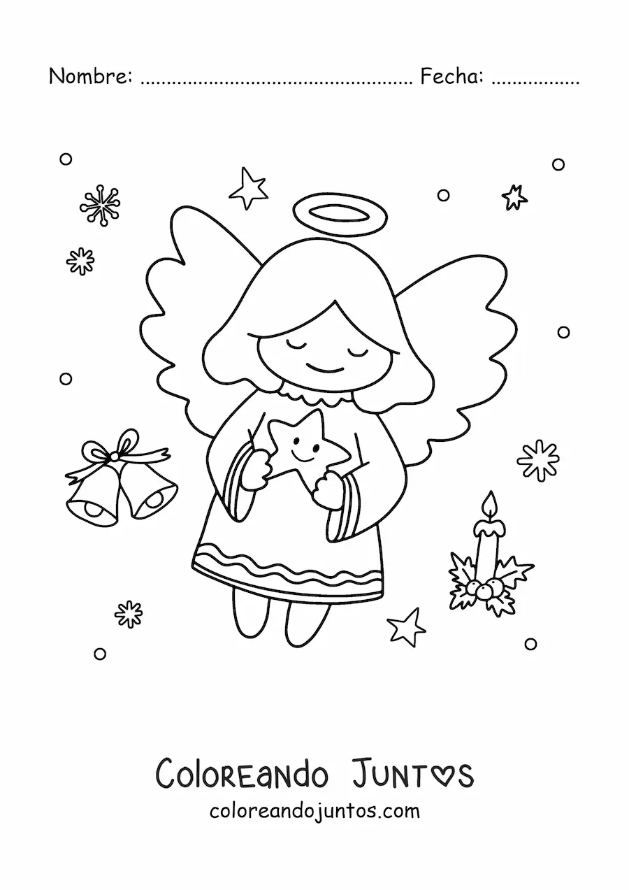 Imagen para colorear de ángel de Navidad kawaii con estrella
