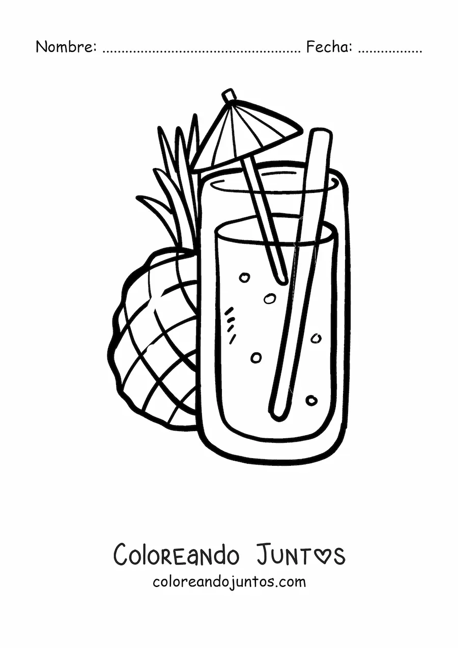 Imagen para colorear de un jugo de piña con sombrilla y una piña al fondo