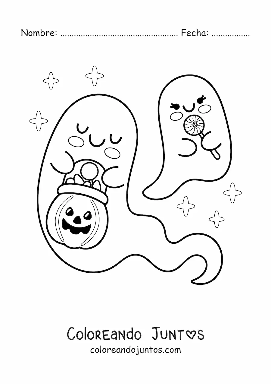 Imagen para colorear de fantasmas kawaii con dulces de Halloween