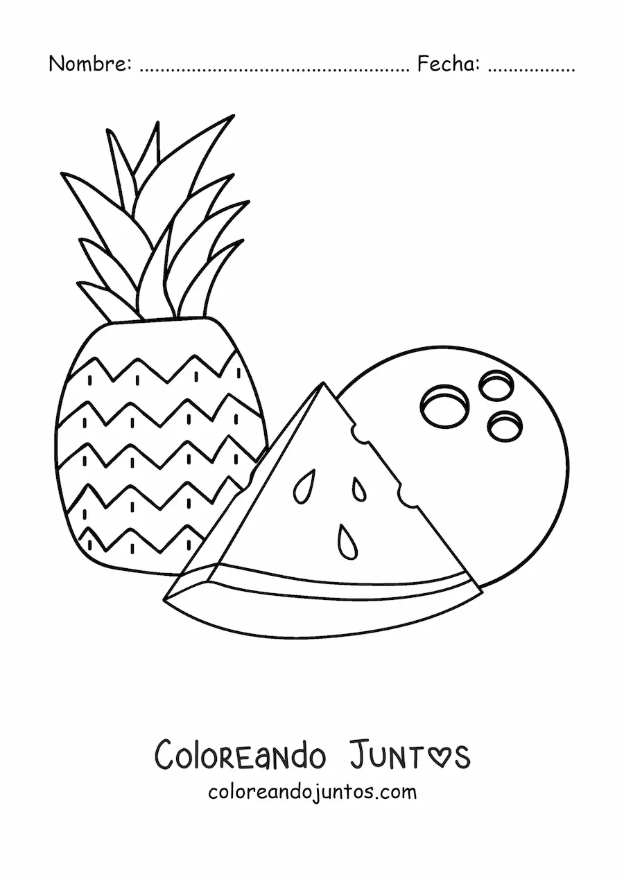 Imagen para colorear de una piña con un trozo de sandía y un coco