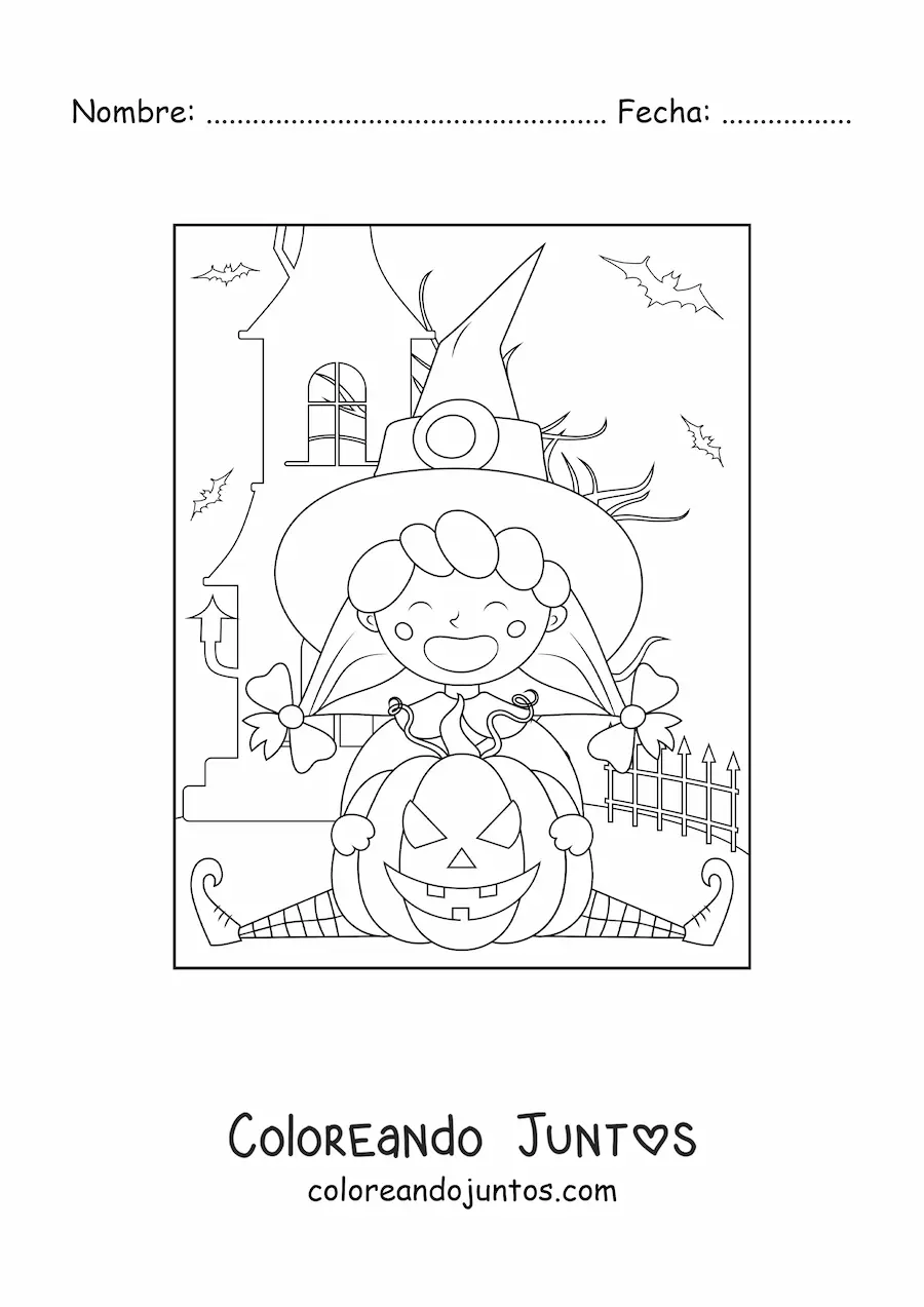 Imagen para colorear de brujita animada con calabaza de Halloween