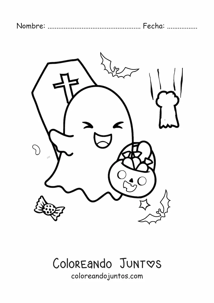 Imagen para colorear de fantasma kawaii con dulces de Halloween