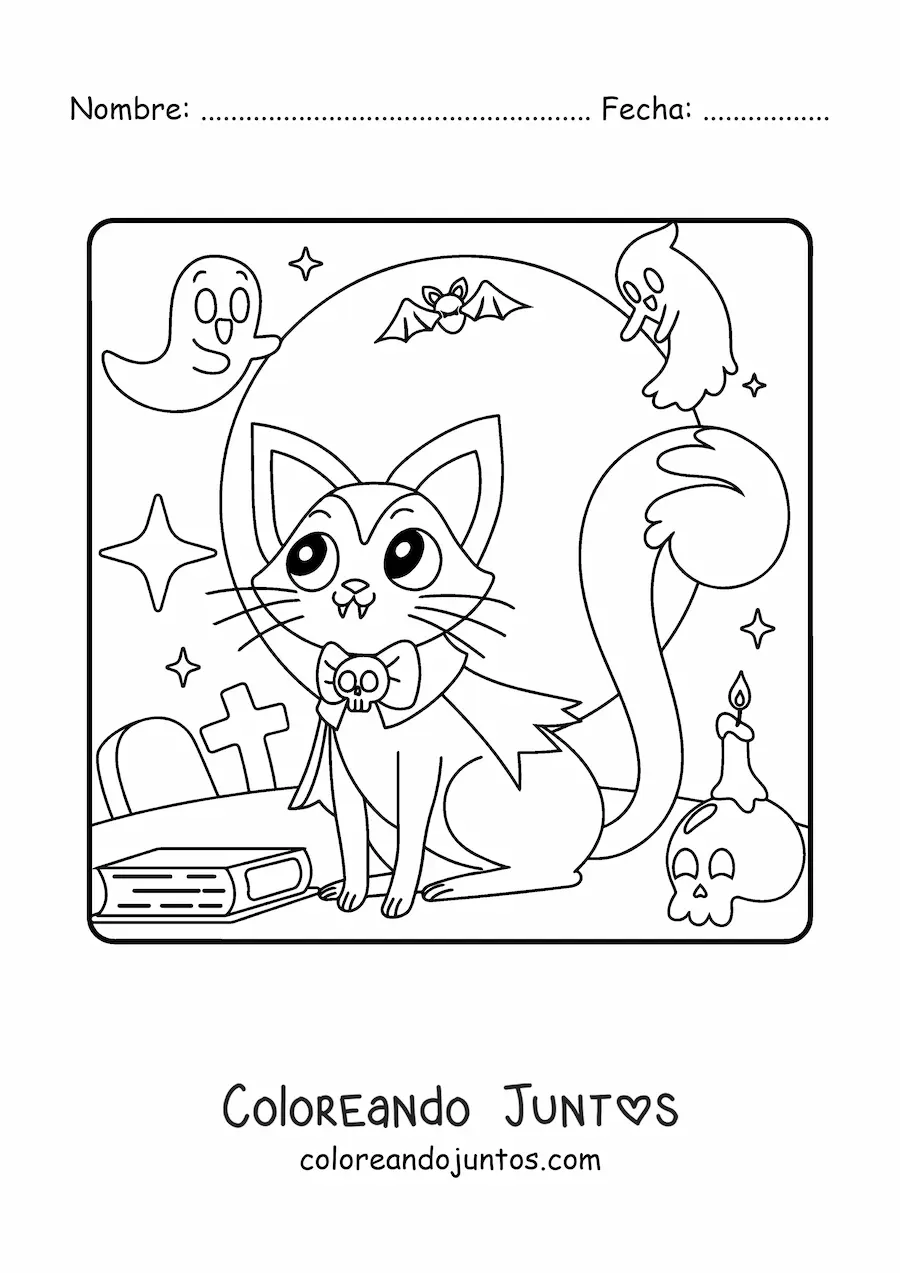 Imagen para colorear de gato vampiro kawaii de Halloween