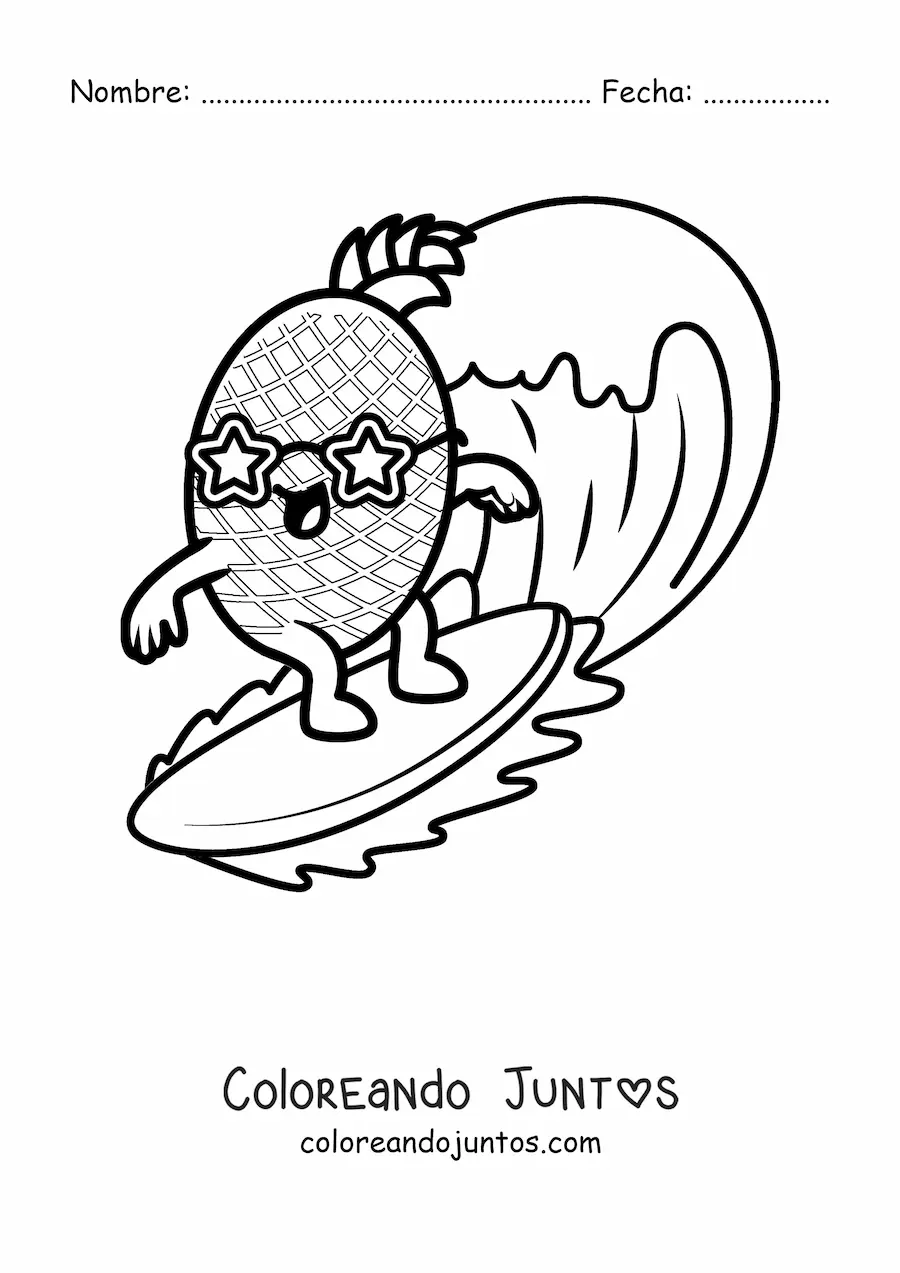 Imagen para colorear de una piña animada surfeando con lentes con forma de estrella