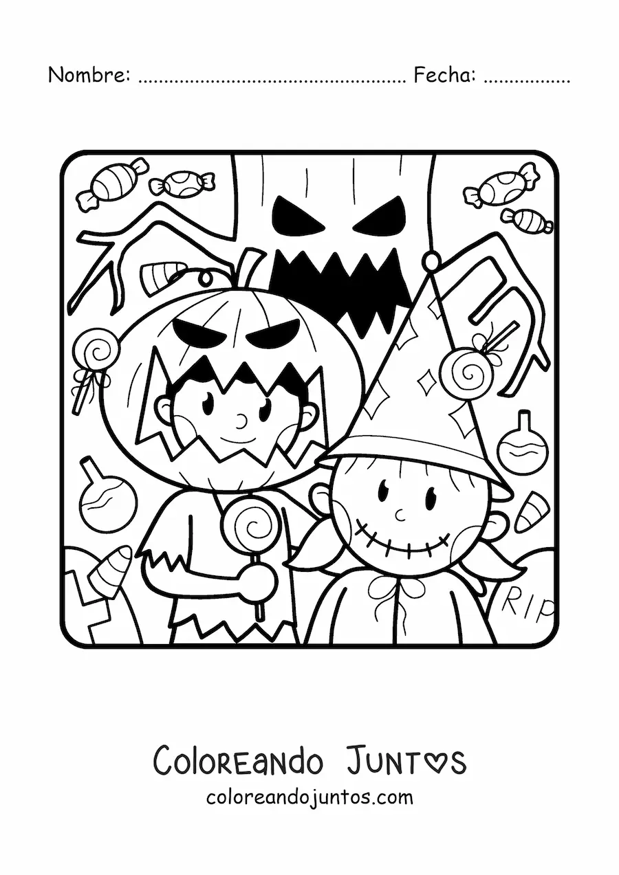 Imagen para colorear de niños disfrazados de monstruos en Halloween