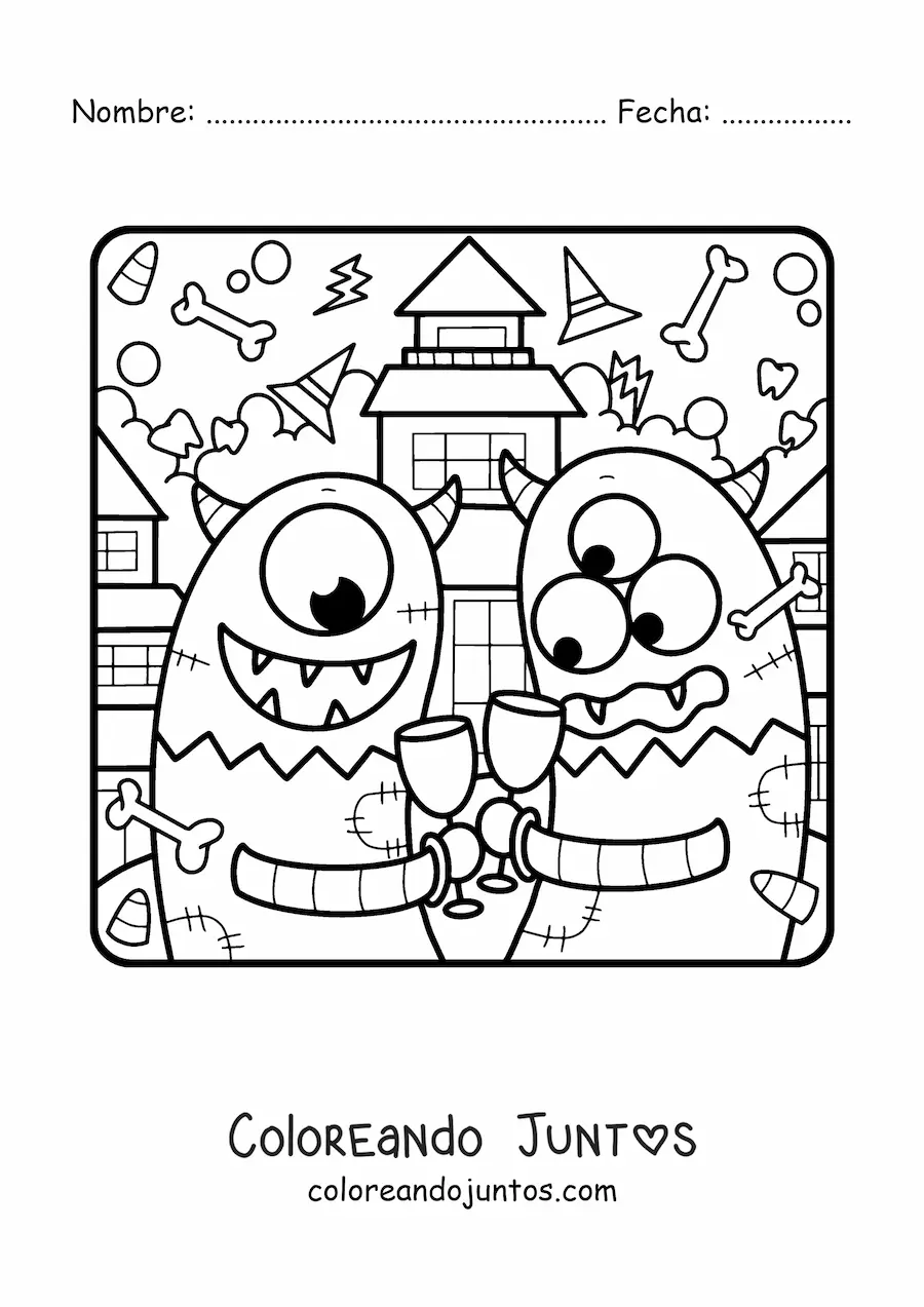 Imagen para colorear de monstruos animados en fiesta de Halloween