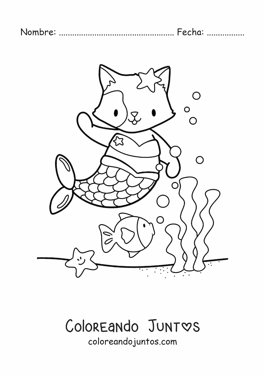 Imagen para colorear de gato sirena kawaii en el mar