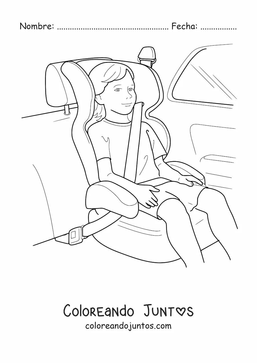 Imagen para colorear de un niño con cinturón de seguridad en el asiento para niños en un auto
