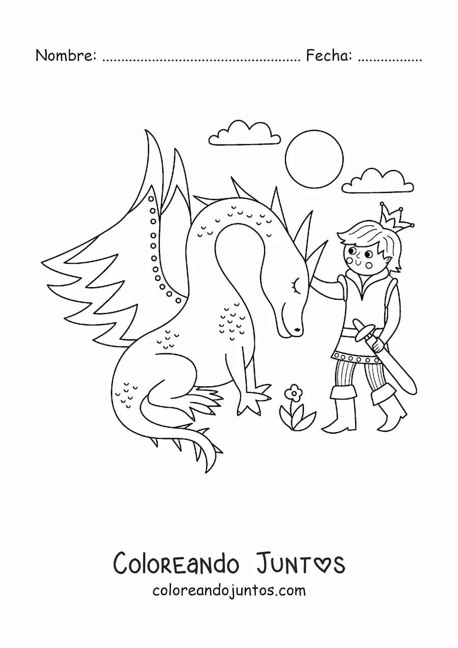Imagen para colorear de príncipe y dragón
