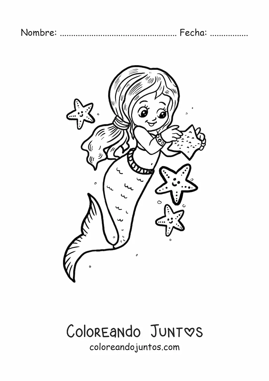 Imagen para colorear de niña sirena kawaii con estrellas de mar