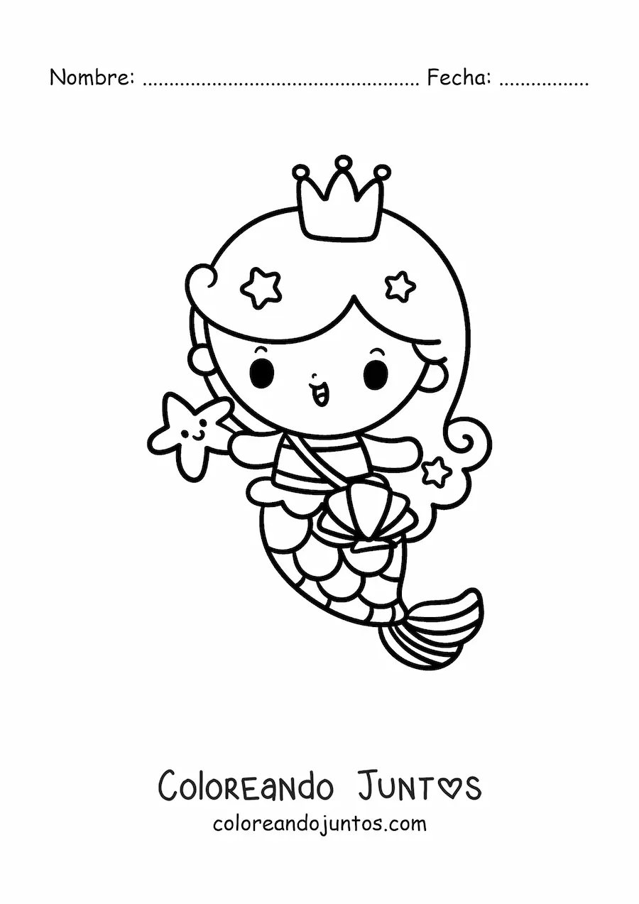 Imagen para colorear de princesa sirena kawaii con bolso y estrella de mar
