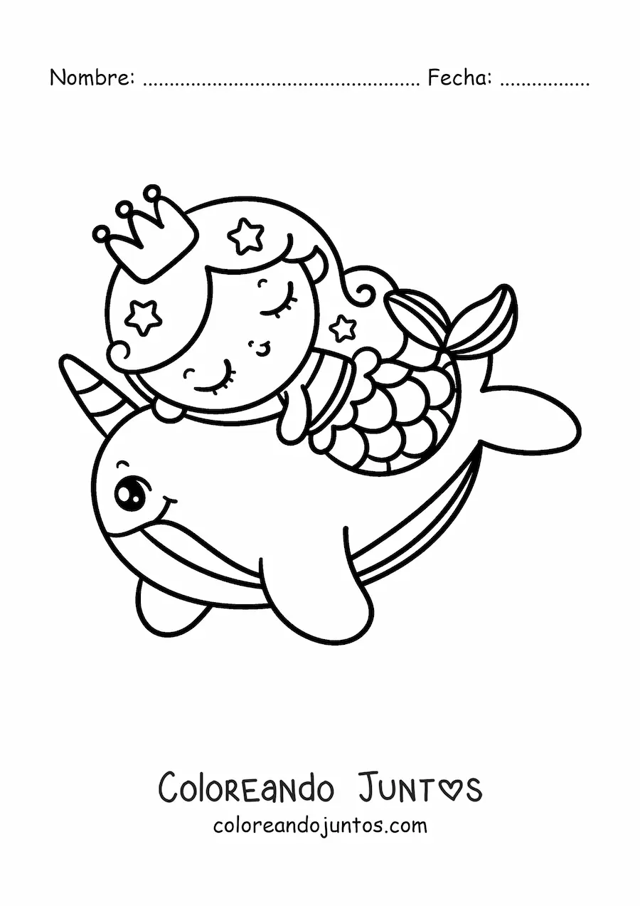 Imagen para colorear de princesa sirena kawaii nadando con un narval