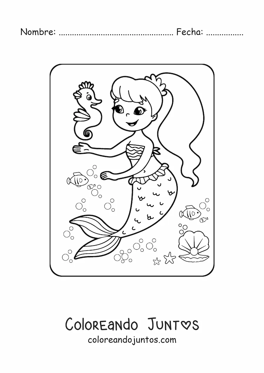 Imagen para colorear de niña sirena con caballito de mar