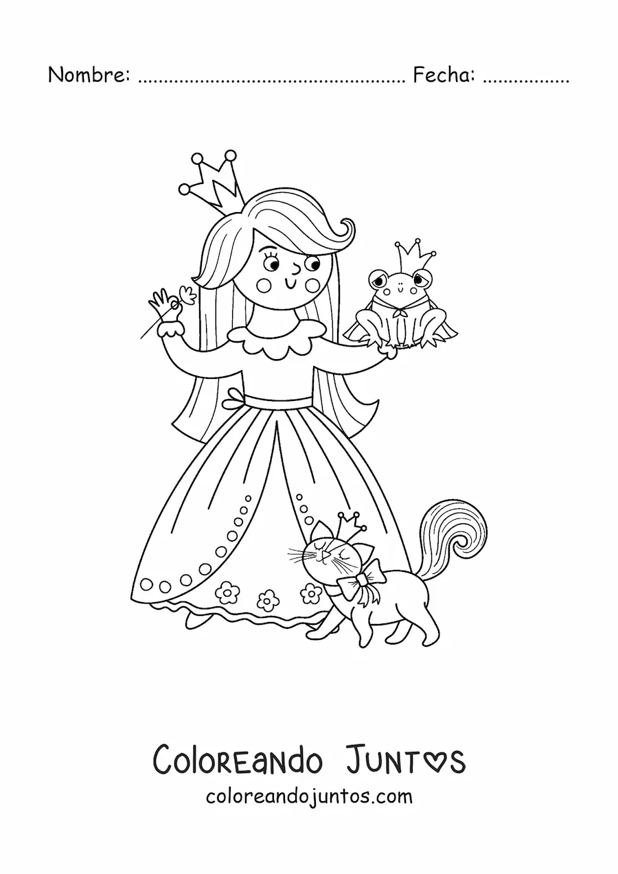 Imagen para colorear de princesa kawaii con mascota y príncipe convertido en sapo