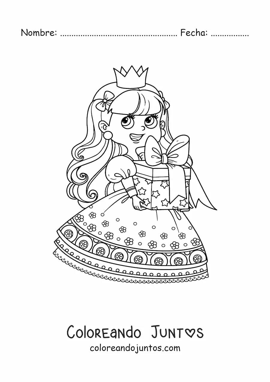 Imagen para colorear de princesa kawaii con regalo