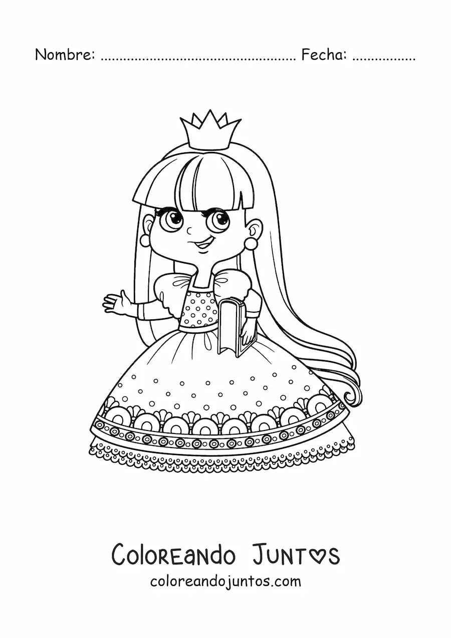 Imagen para colorear de princesa kawaii con libro