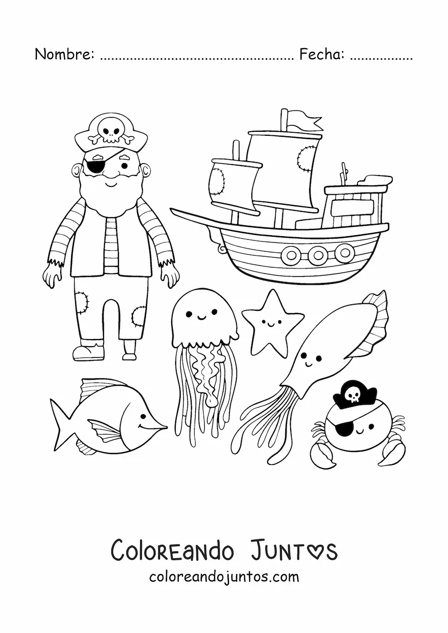 Imagen para colorear de pirata animado con barco y animales