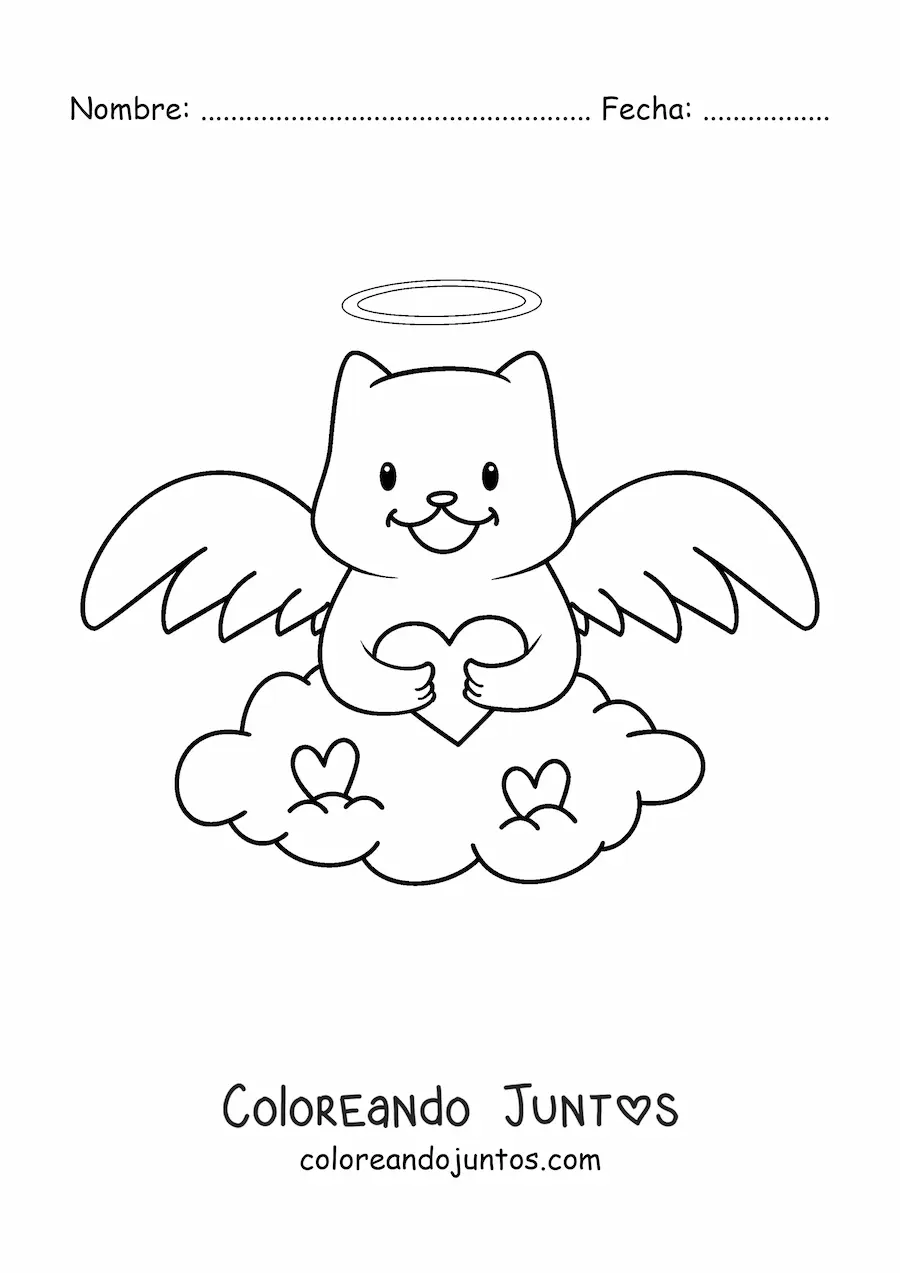 Imagen para colorear de gato ángel animado con corazón en el cielo