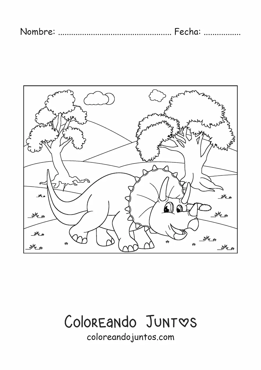 Imagen para colorear de dinosaurio animado en su hábitat