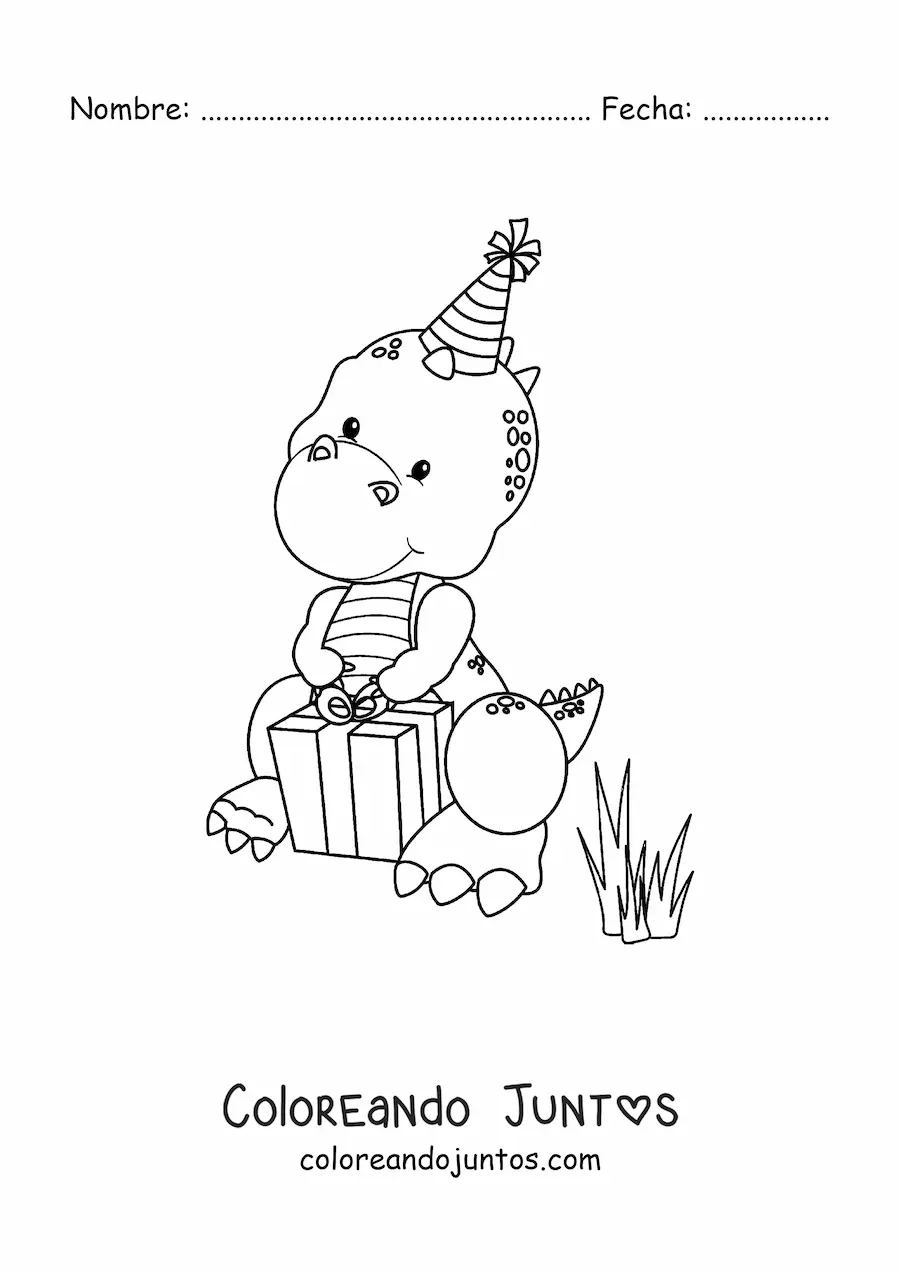 Imagen para colorear de t rex con regalo de cumpleaños