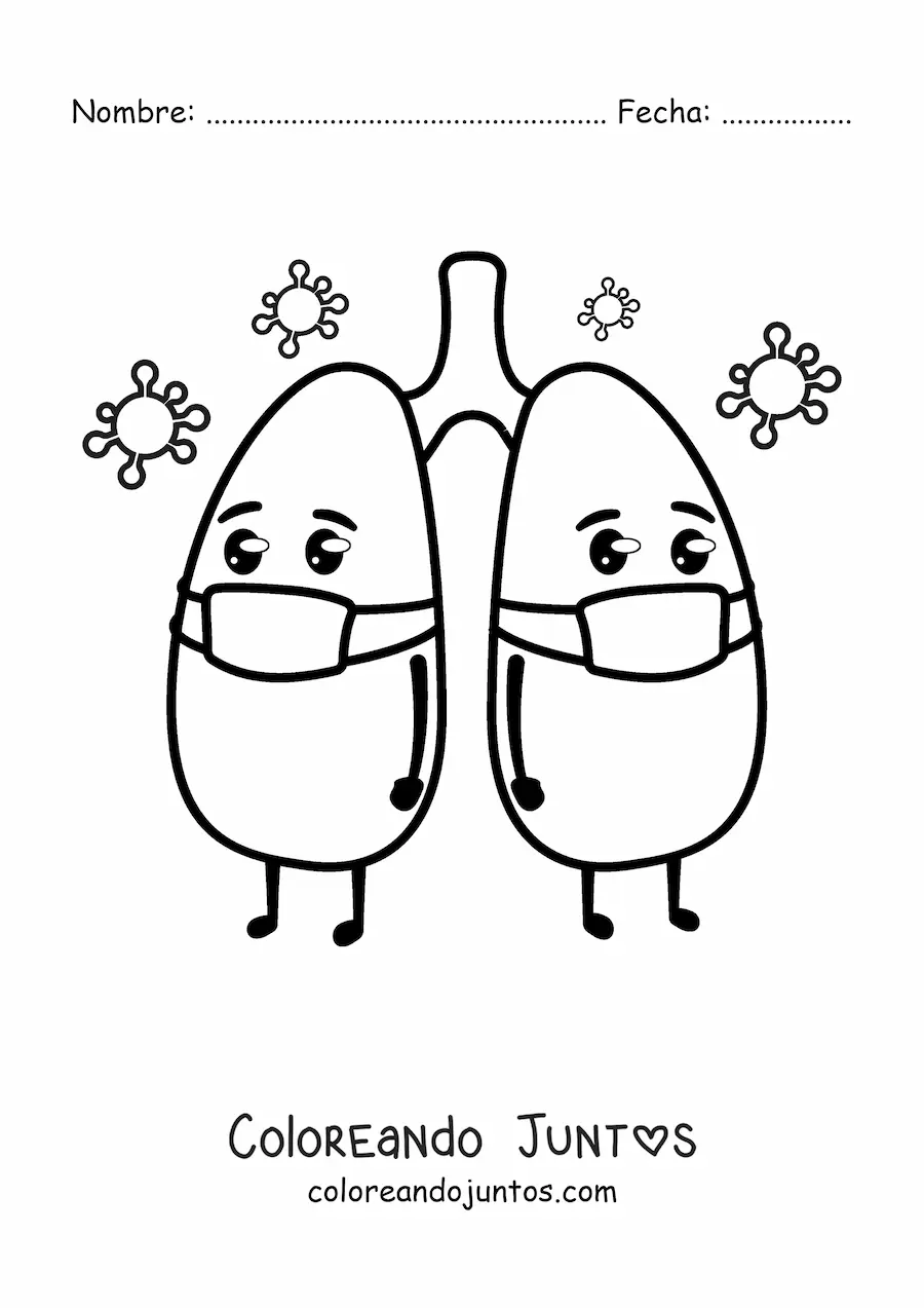 Imagen para colorear de pulmones kawaii animados con tapabocas