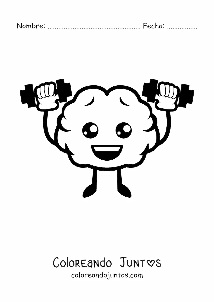 Imagen para colorear de cerebro kawaii animado haciendo ejercicios