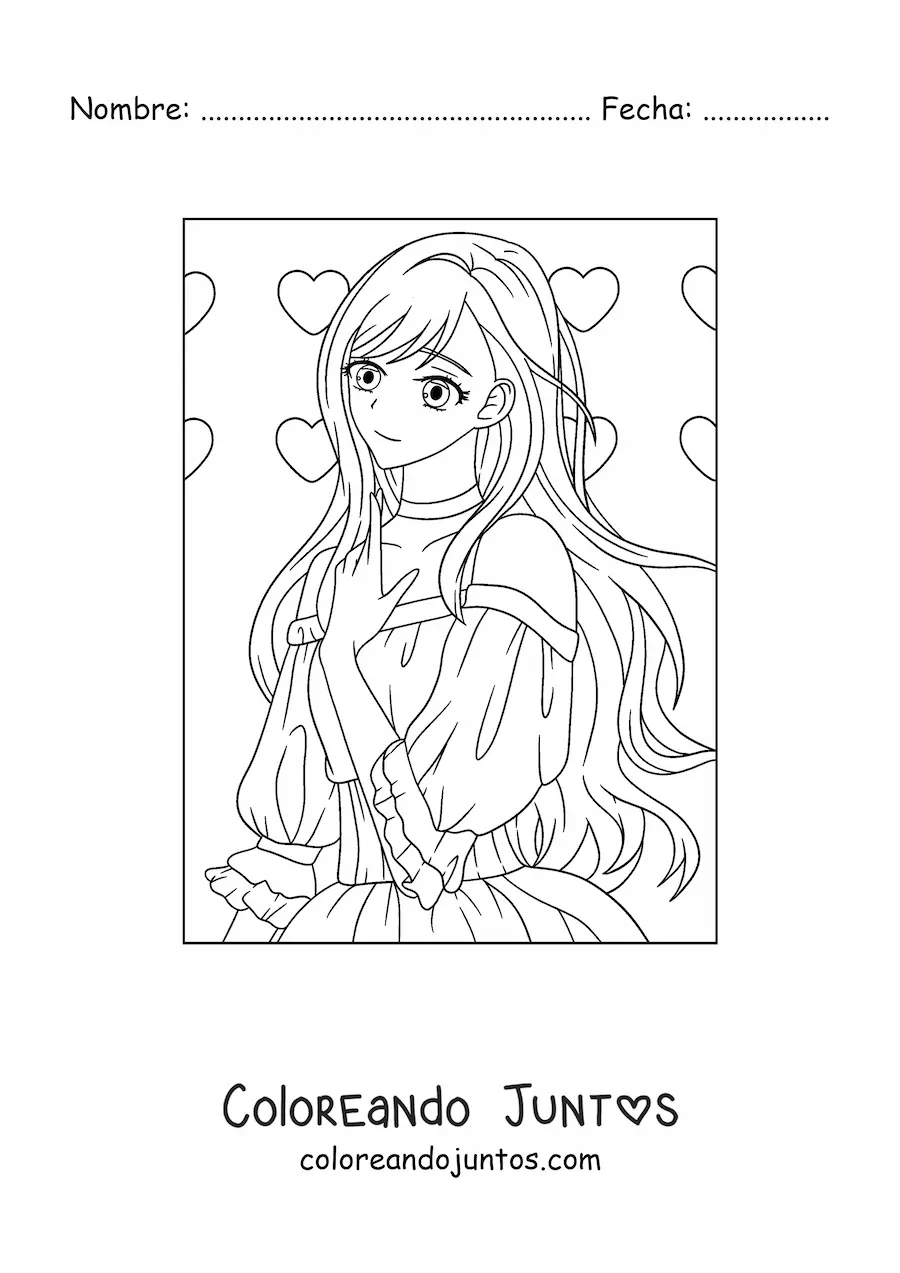 Imagen para colorear de chica anime kawaii con corazones