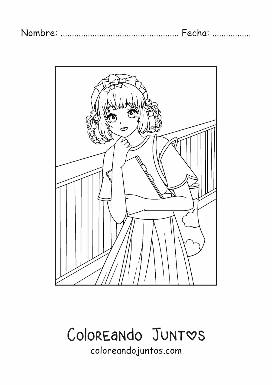 Imagen para colorear de chica anime kawaii en la escuela