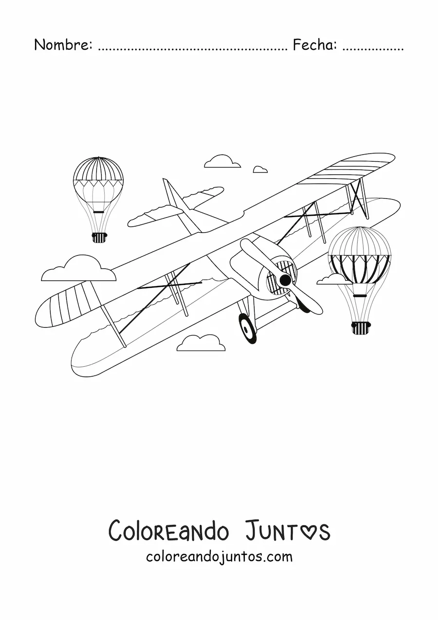 Imagen para colorear de un avión volando con dos globos aerostáticos