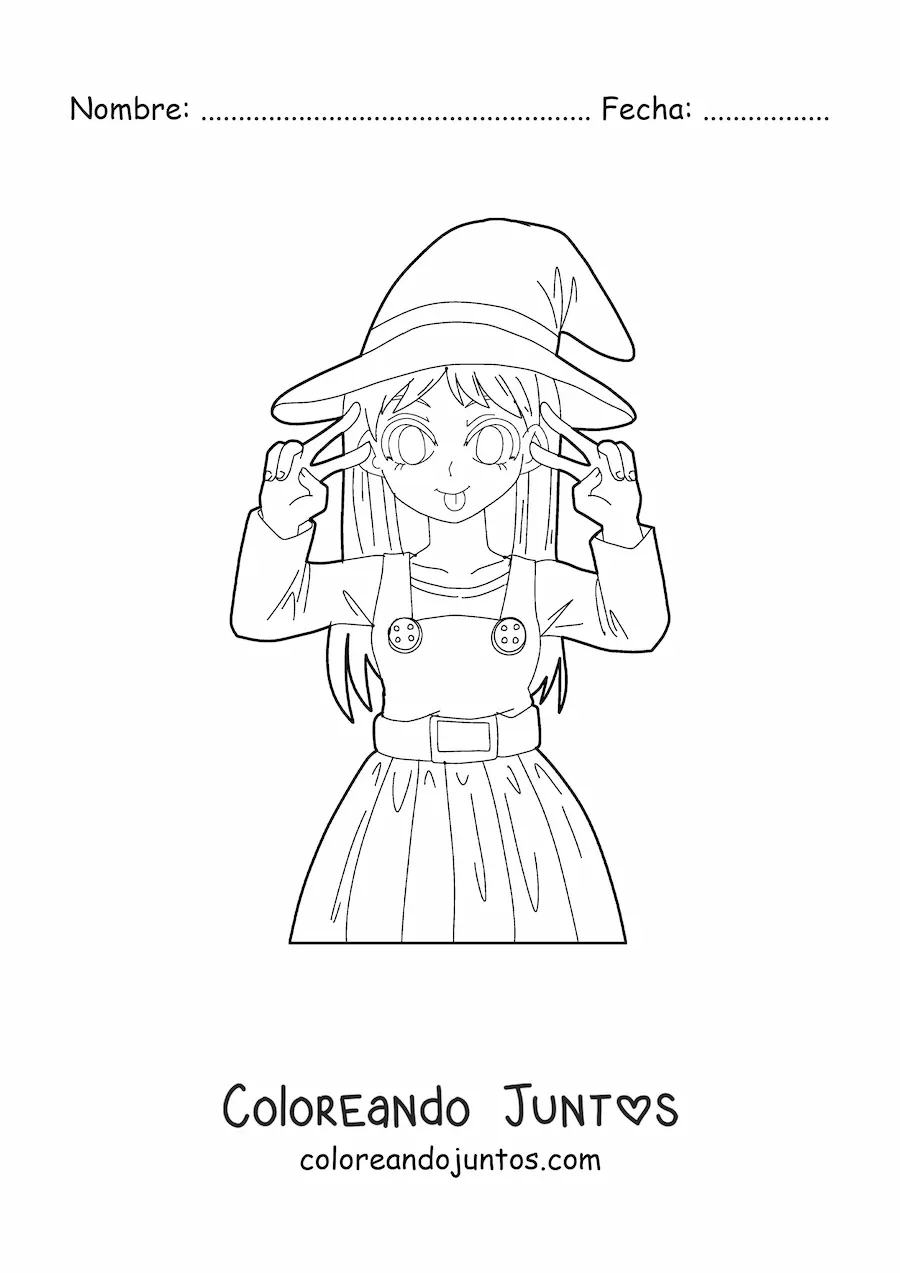 Imagen para colorear de muñeca anime kawaii disfrazada de bruja