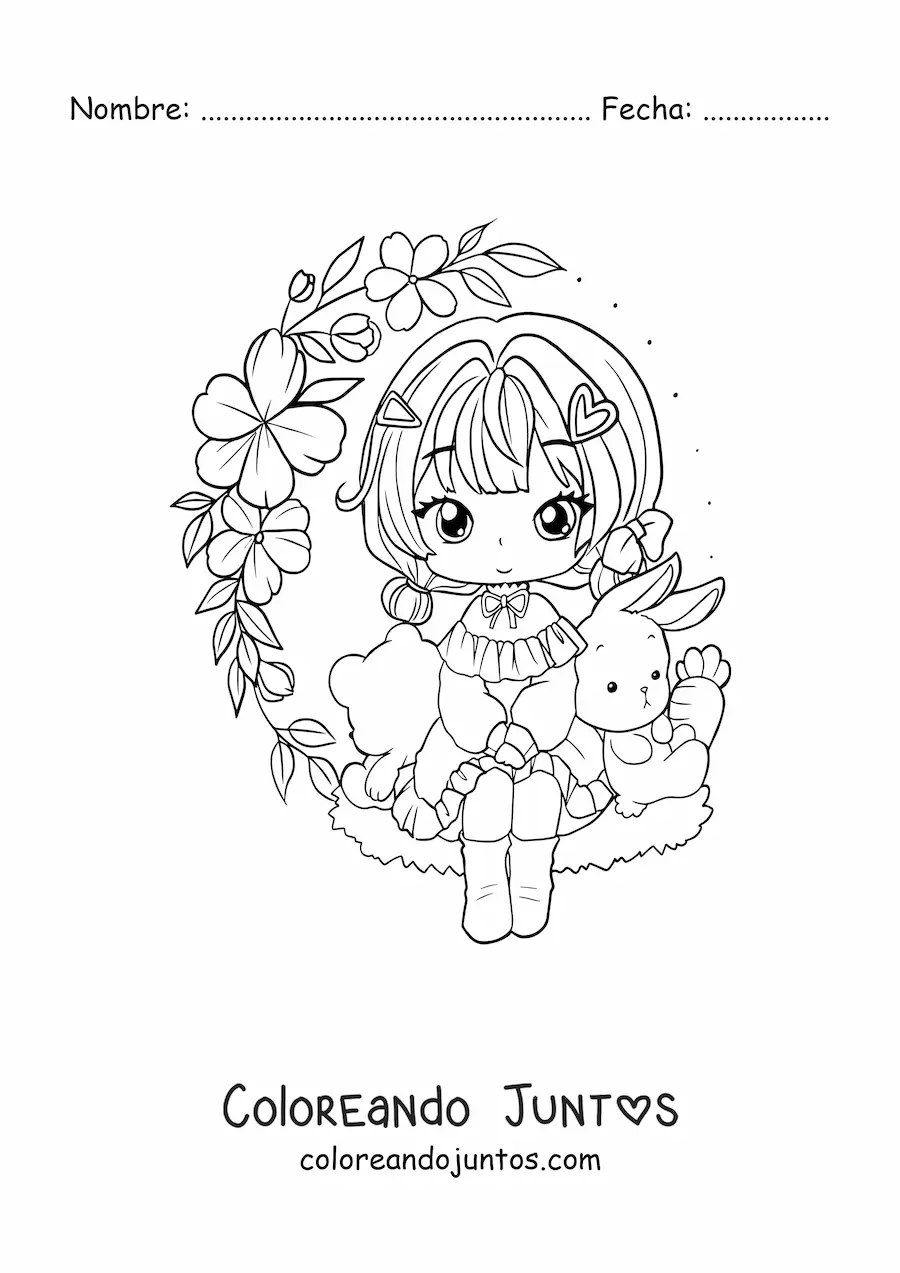 Imagen para colorear de chica anime chibi sentada con flores y un conejo