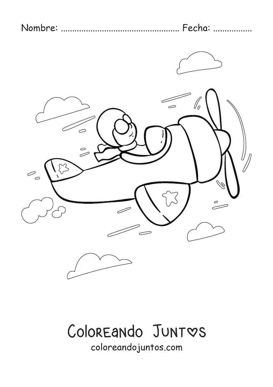 Imagen para colorear de un piloto de avión volando con nubes de fondo