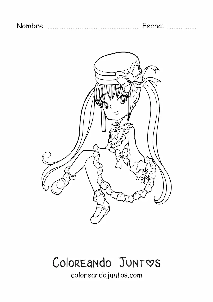 Imagen para colorear de chica anime chibi con sombrero y vestido