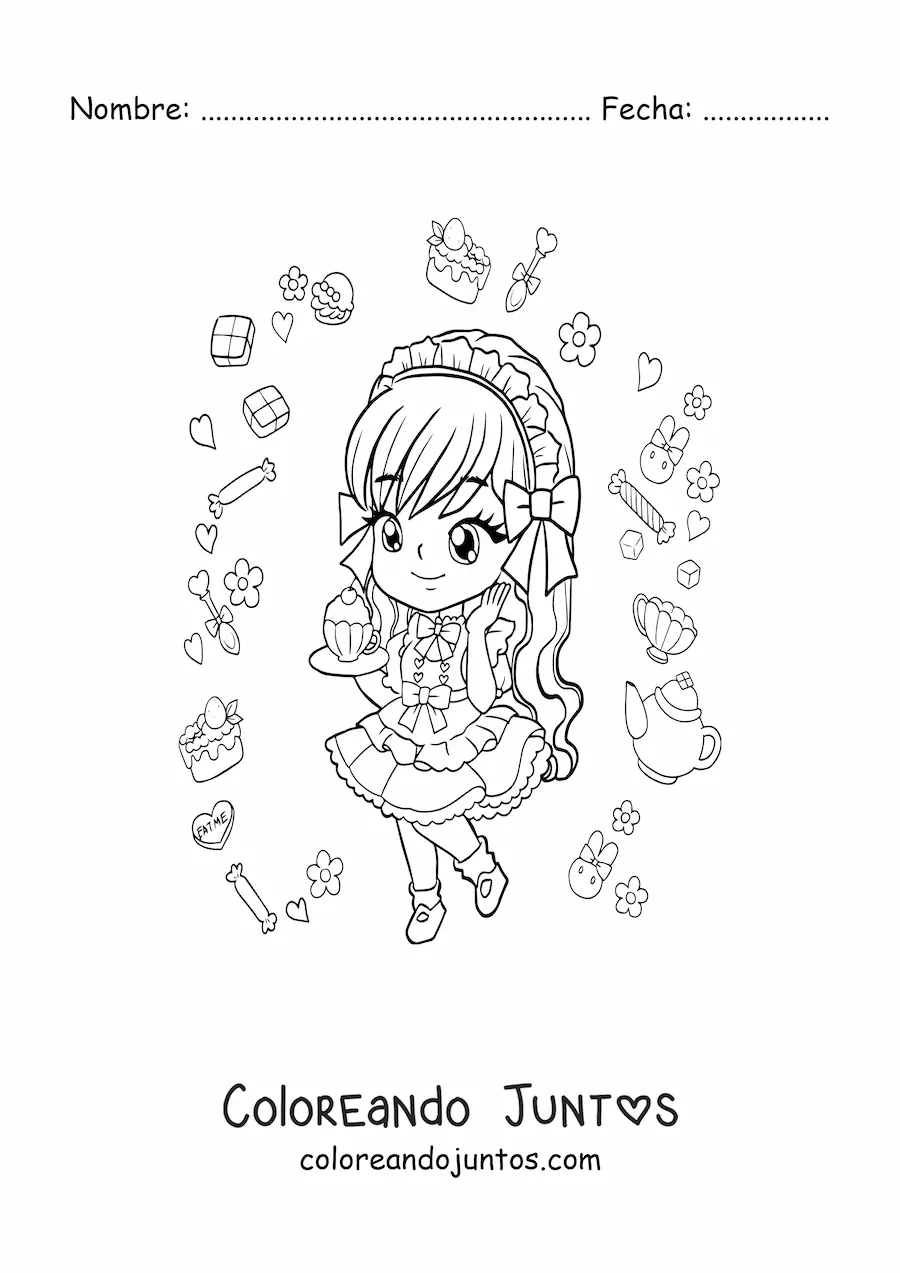 Imagen para colorear de chica anime chibi con un cupcake