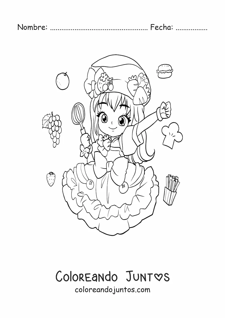 Imagen para colorear de chica anime chibi cocinera