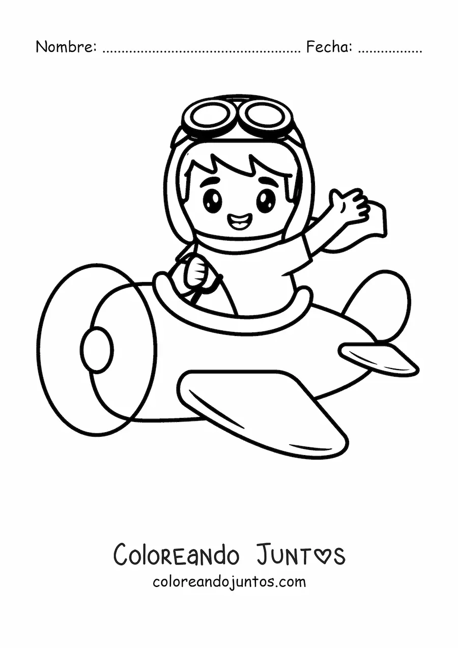 Imagen para colorear de un piloto de avión kawaii volando