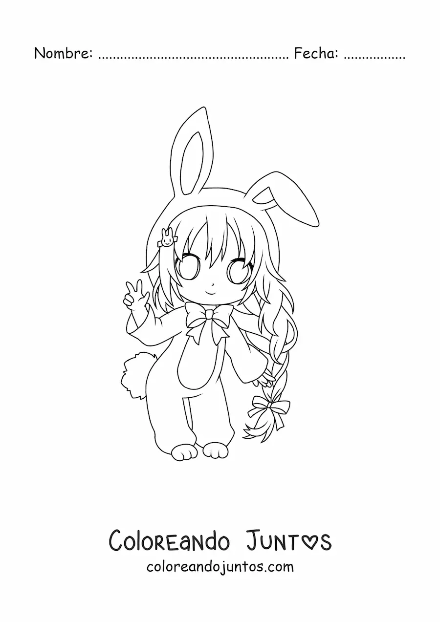 Imagen para colorear de chica chibi con traje de conejo de Pascuas