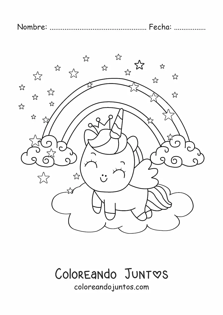 Imagen para colorear de unicornio kawaii animado con arcoíris