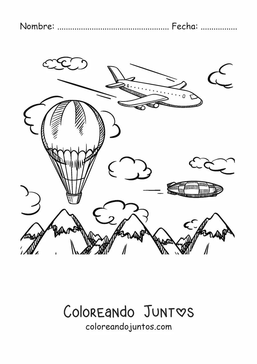 Imagen para colorear de un avión volando con un globo aerostático y montañas en el fondo