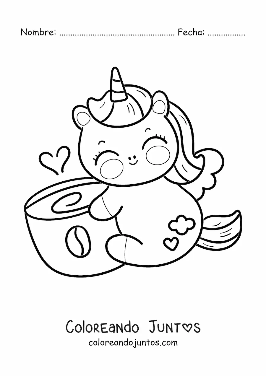 Imagen para colorear de unicornio kawaii animado con una taza de café