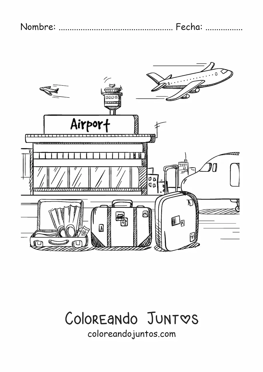 Imagen para colorear de un aeropuerto con maletas y un avión volando