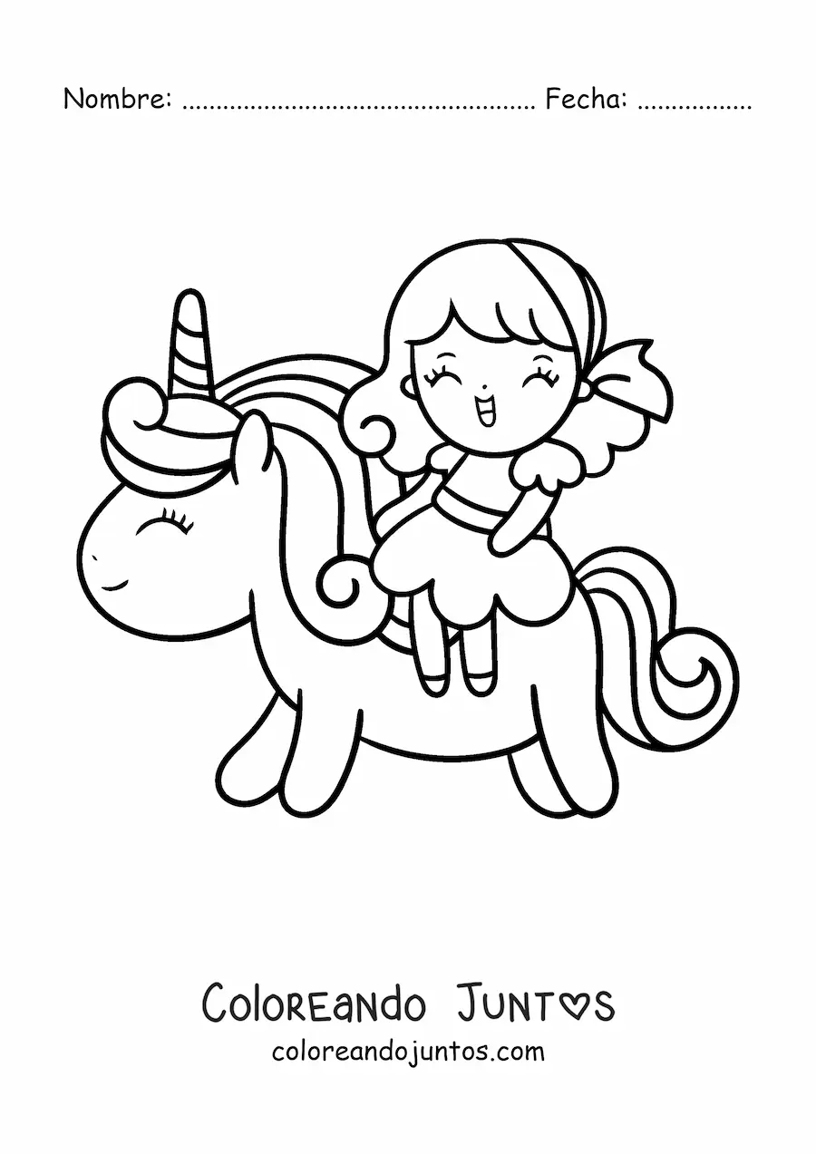 Imagen para colorear de niña kawaii montando un unicornio tierno animado