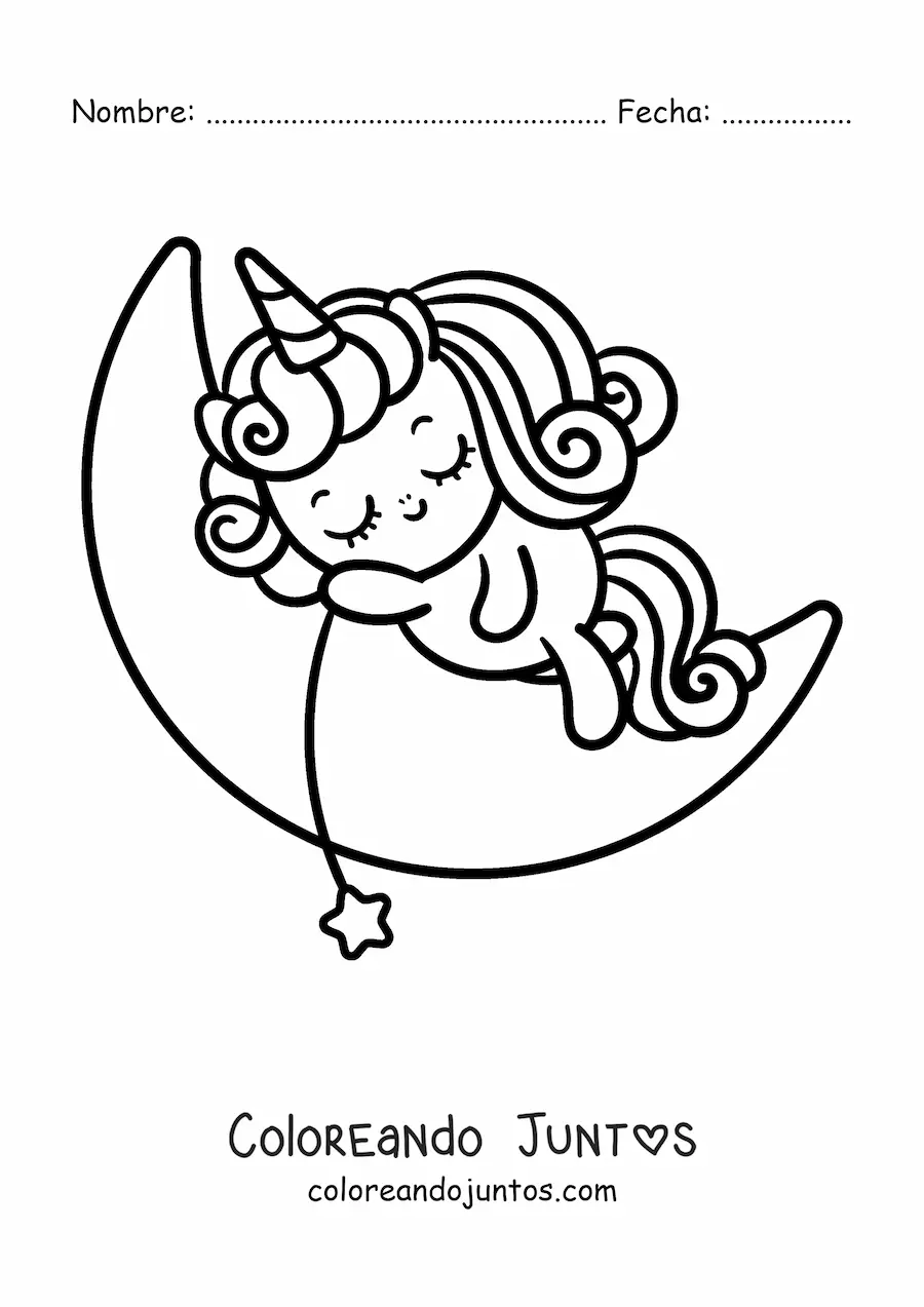 Imagen para colorear de unicornio tierno animado durmiendo en la luna