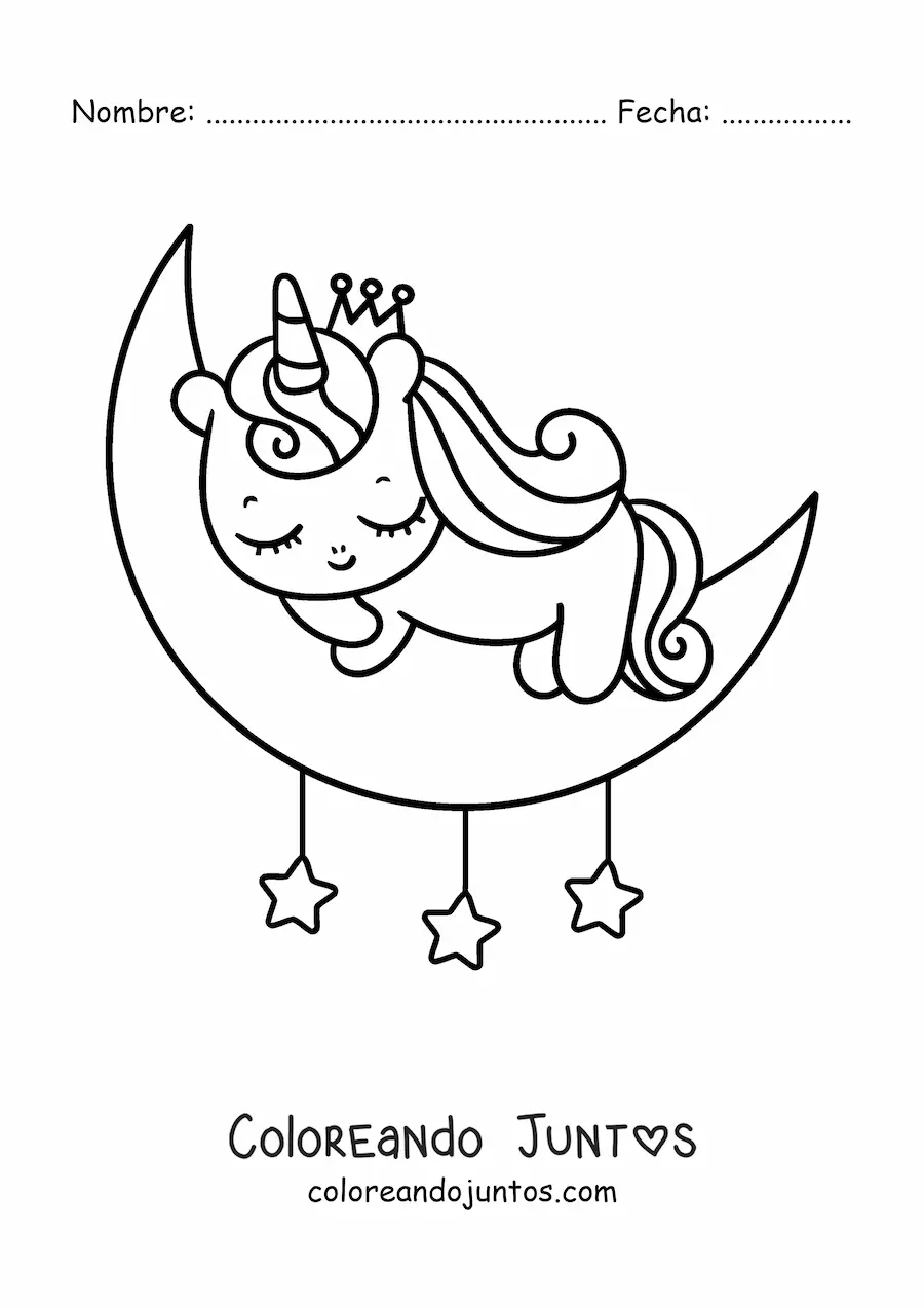 Imagen para colorear de unicornio kawaii bebé durmiendo en la luna